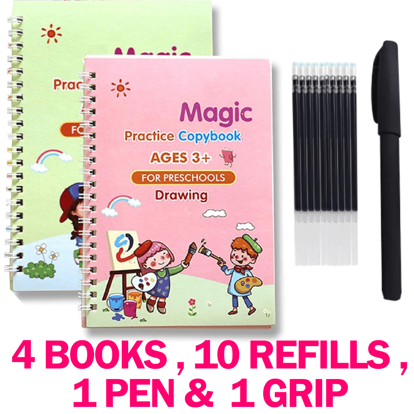 4 in 1 Sank Magic Book | Reusable Magic Practice Copy Book | 4 books + 1 Pen + 10 Refills +1 Grip